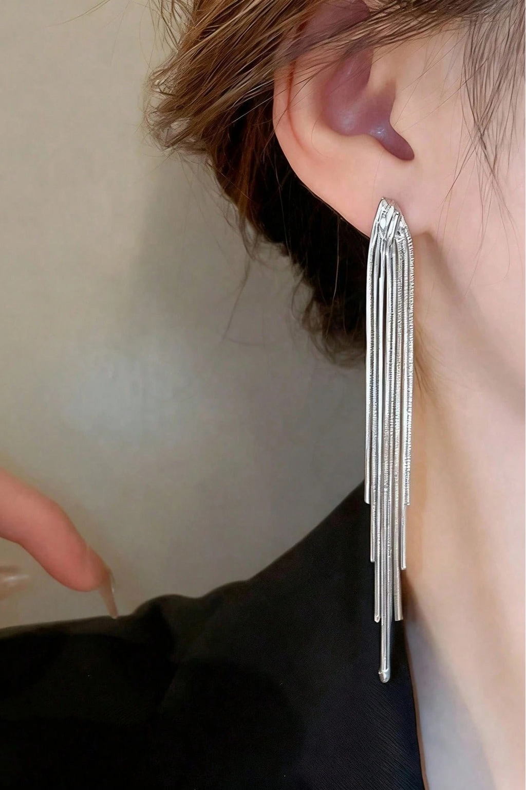 Silver Brushed Long Linear Tassel Drop Earrings Sleek Fringe Dangle Earrings for Women