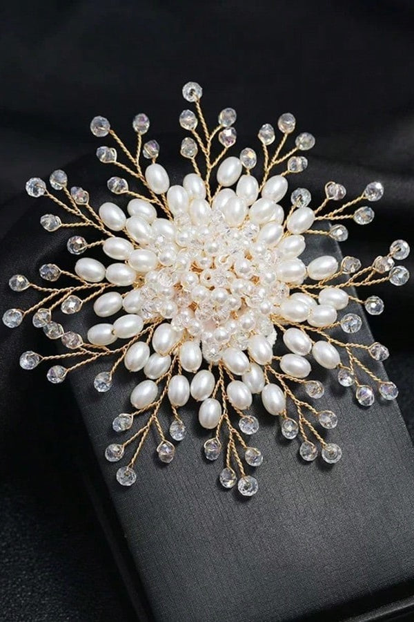 Handmade Golden Wire Firework Brooch Cluster Freshwater Pearl Clear Crystal Bridal Lapel Pin