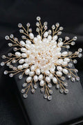 Handmade Golden Wire Firework Brooch Cluster Freshwater Pearl Clear Crystal Bridal Lapel Pin