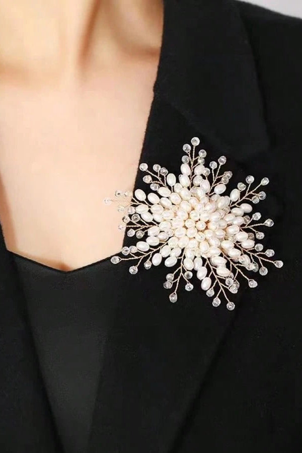 Handmade Golden Wire Firework Brooch Cluster Freshwater Pearl Clear Crystal Bridal Lapel Pin