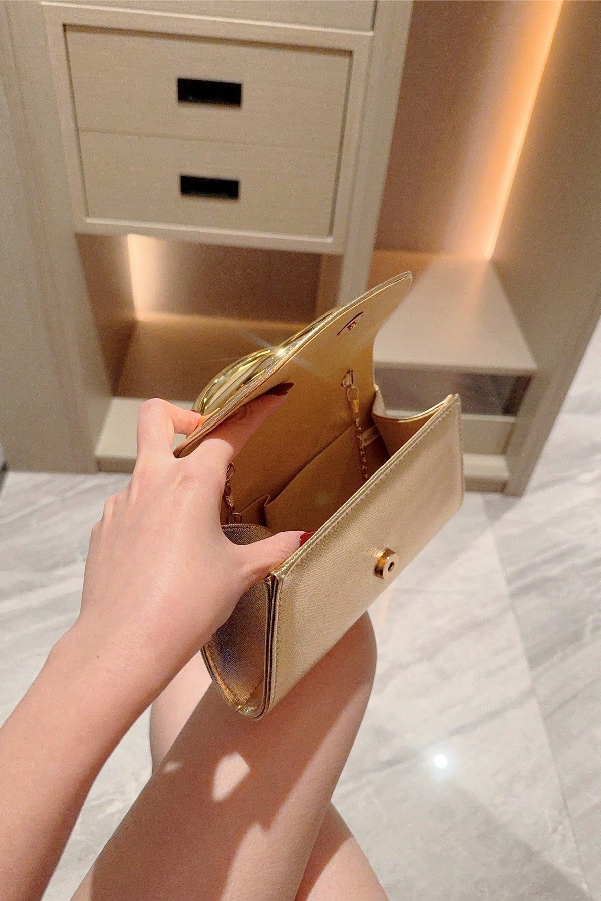 Gold Textured Leather Curved Metal Handle Evening Clutch Purse