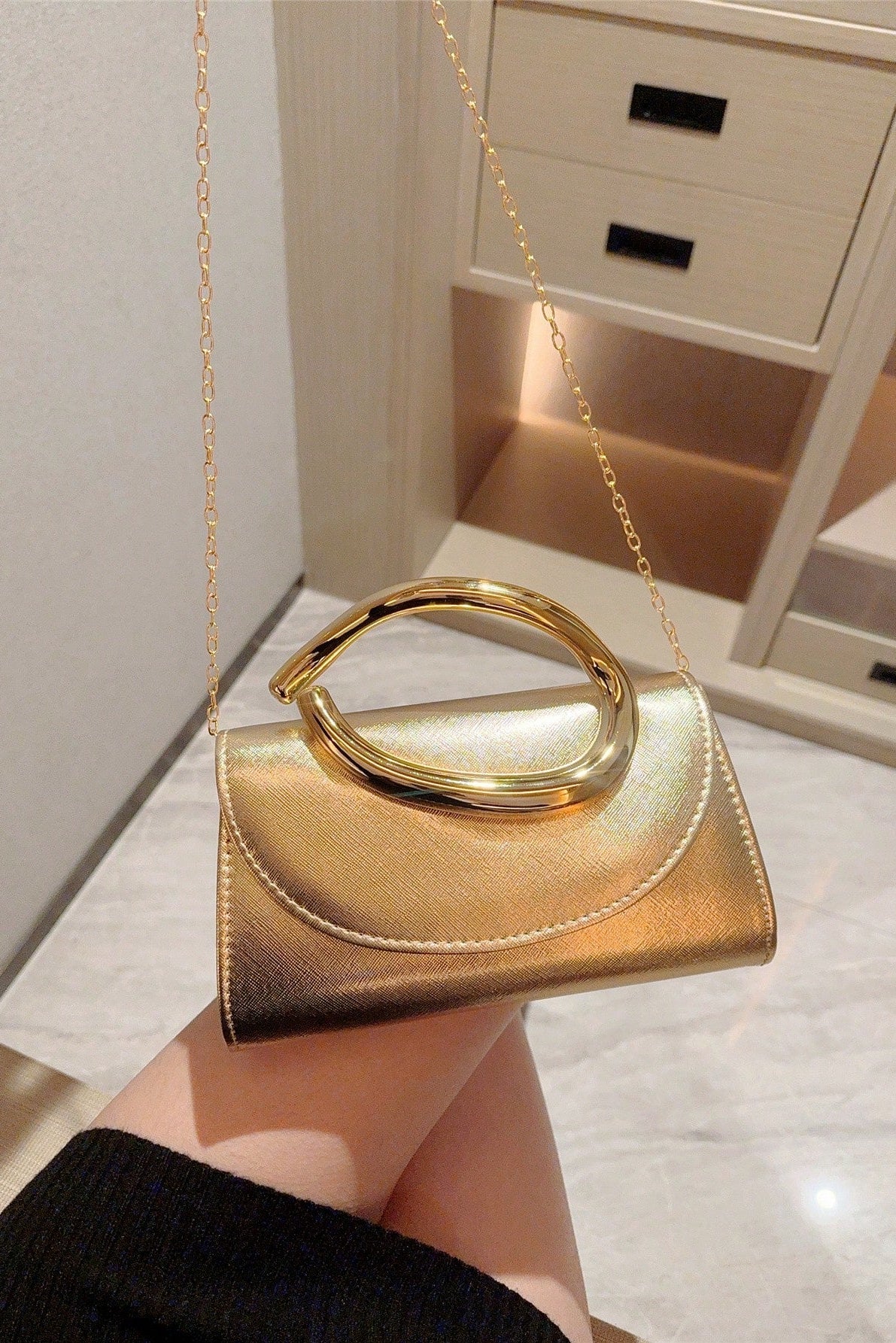 Gold Textured Leather Curved Metal Handle Evening Clutch Purse