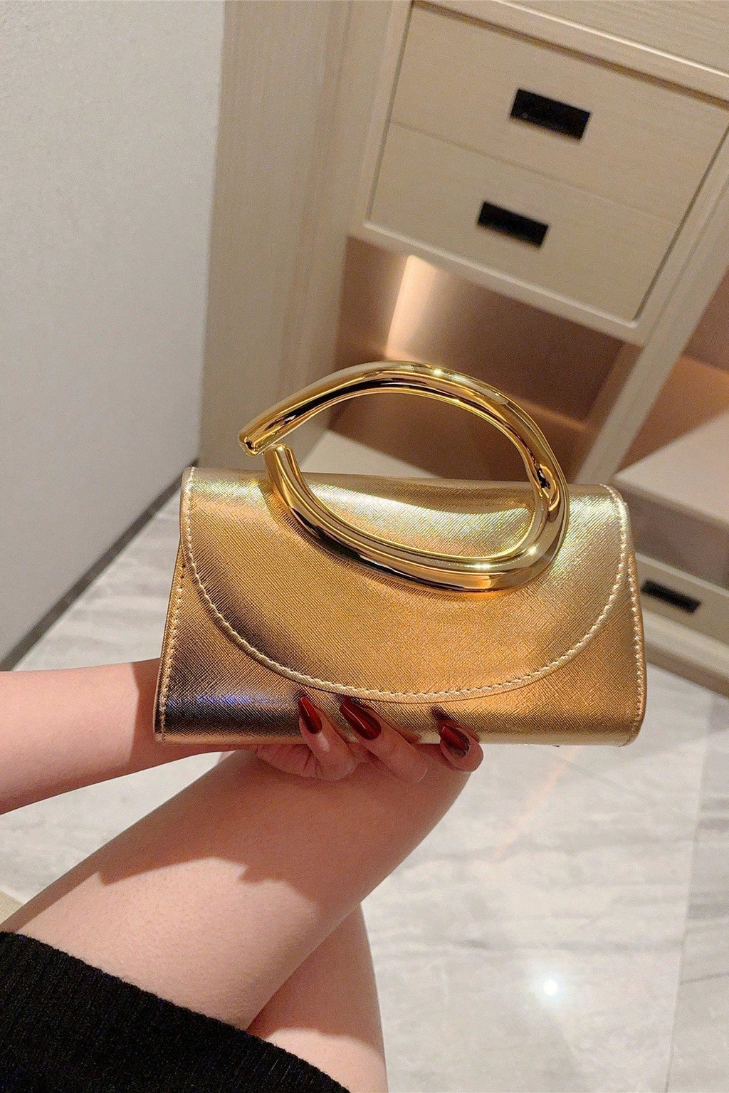 Gold Textured Leather Curved Metal Handle Evening Clutch Purse