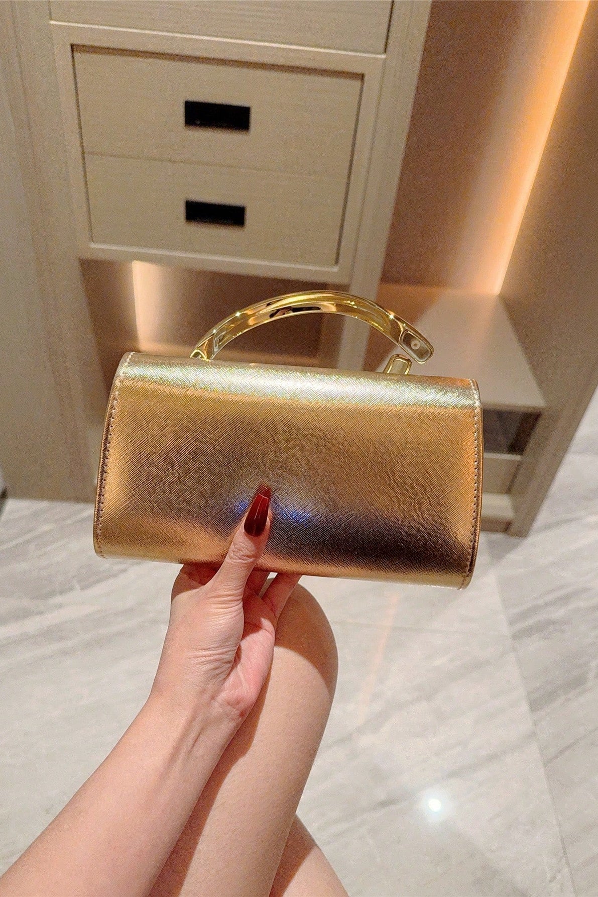 Gold Textured Leather Curved Metal Handle Evening Clutch Purse