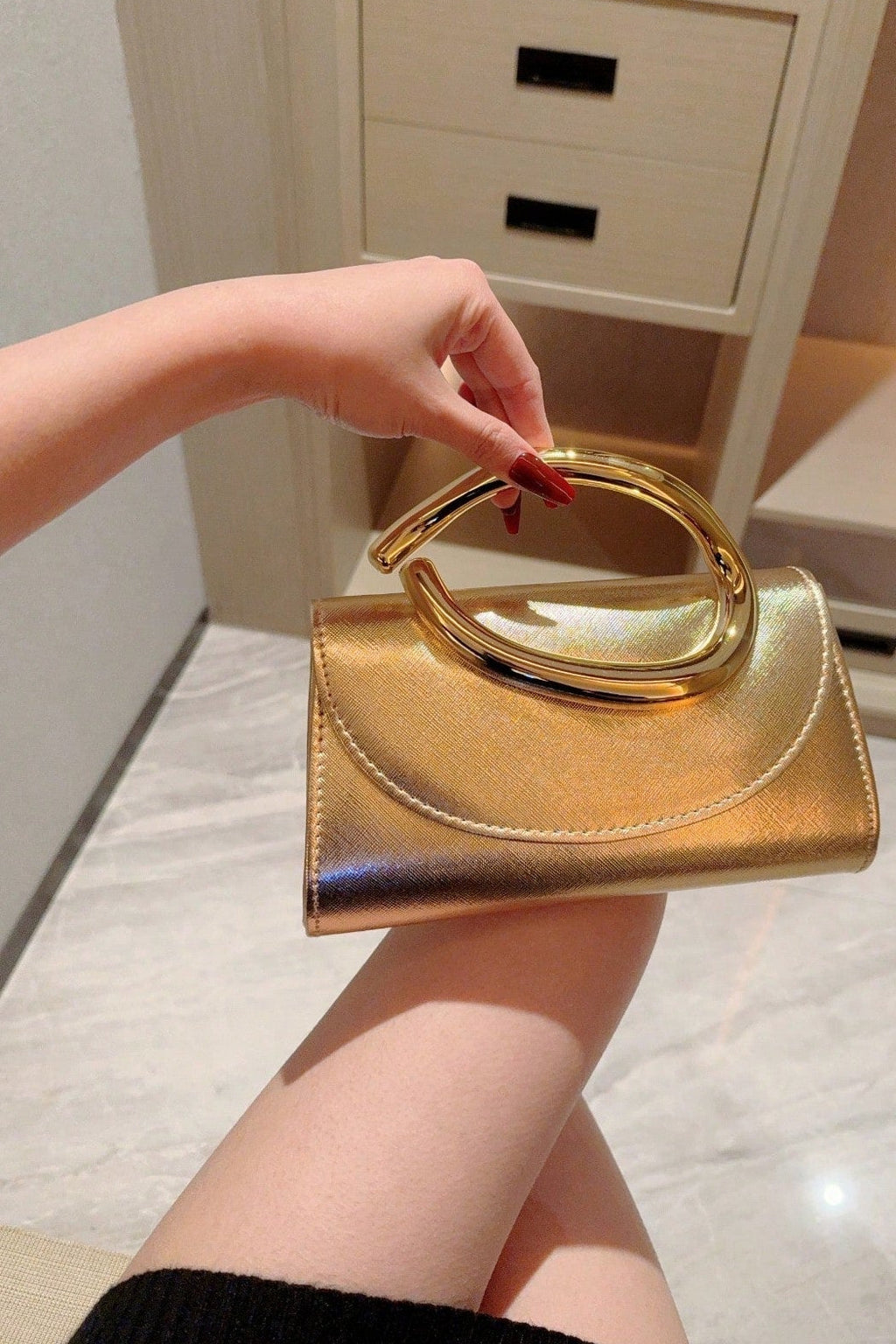 Gold Textured Leather Curved Metal Handle Evening Clutch Purse