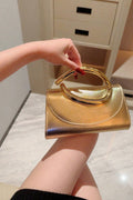 Gold Textured Leather Curved Metal Handle Evening Clutch Purse