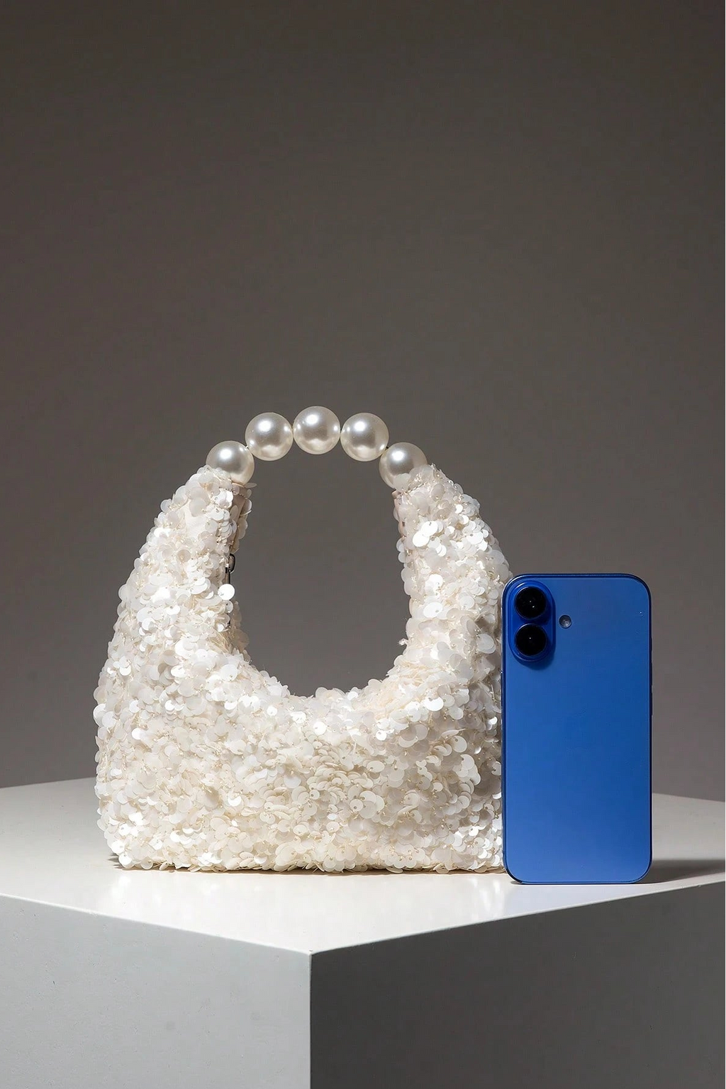 White Full Sequin Mini Hobo Handbag Large Round Pearl Ring Top Handle Wedding Bridal Evening Purse