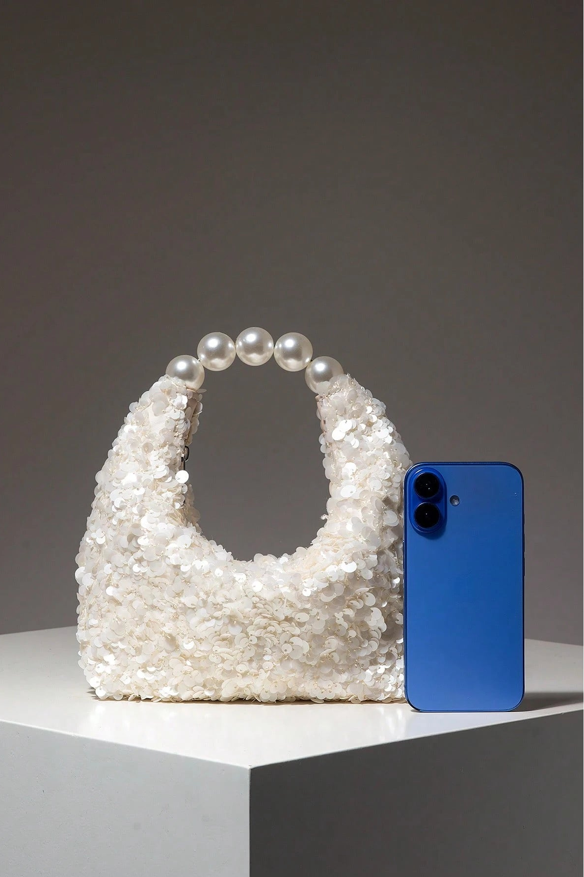 White Full Sequin Mini Hobo Handbag Large Round Pearl Ring Top Handle Wedding Bridal Evening Purse