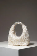 White Full Sequin Mini Hobo Handbag Large Round Pearl Ring Top Handle Wedding Bridal Evening Purse