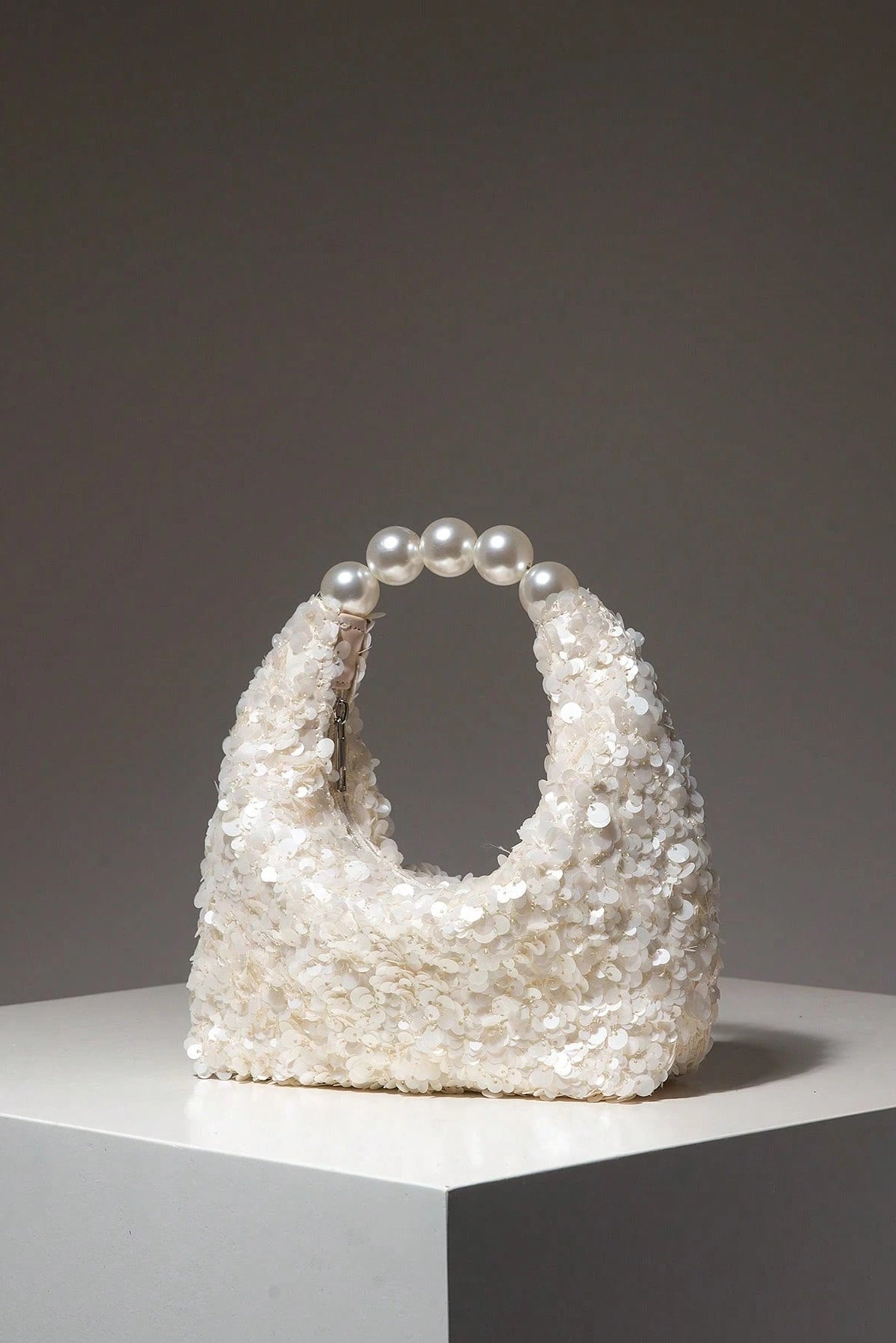White Full Sequin Mini Hobo Handbag Large Round Pearl Ring Top Handle Wedding Bridal Evening Purse