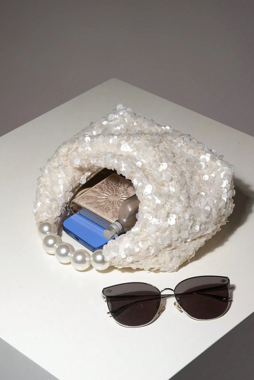 White Full Sequin Mini Hobo Handbag Large Round Pearl Ring Top Handle Wedding Bridal Evening Purse