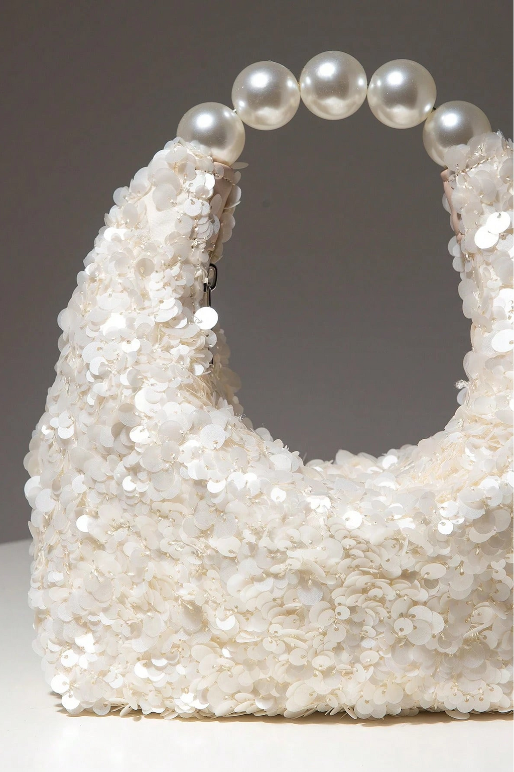 White Full Sequin Mini Hobo Handbag Large Round Pearl Ring Top Handle Wedding Bridal Evening Purse