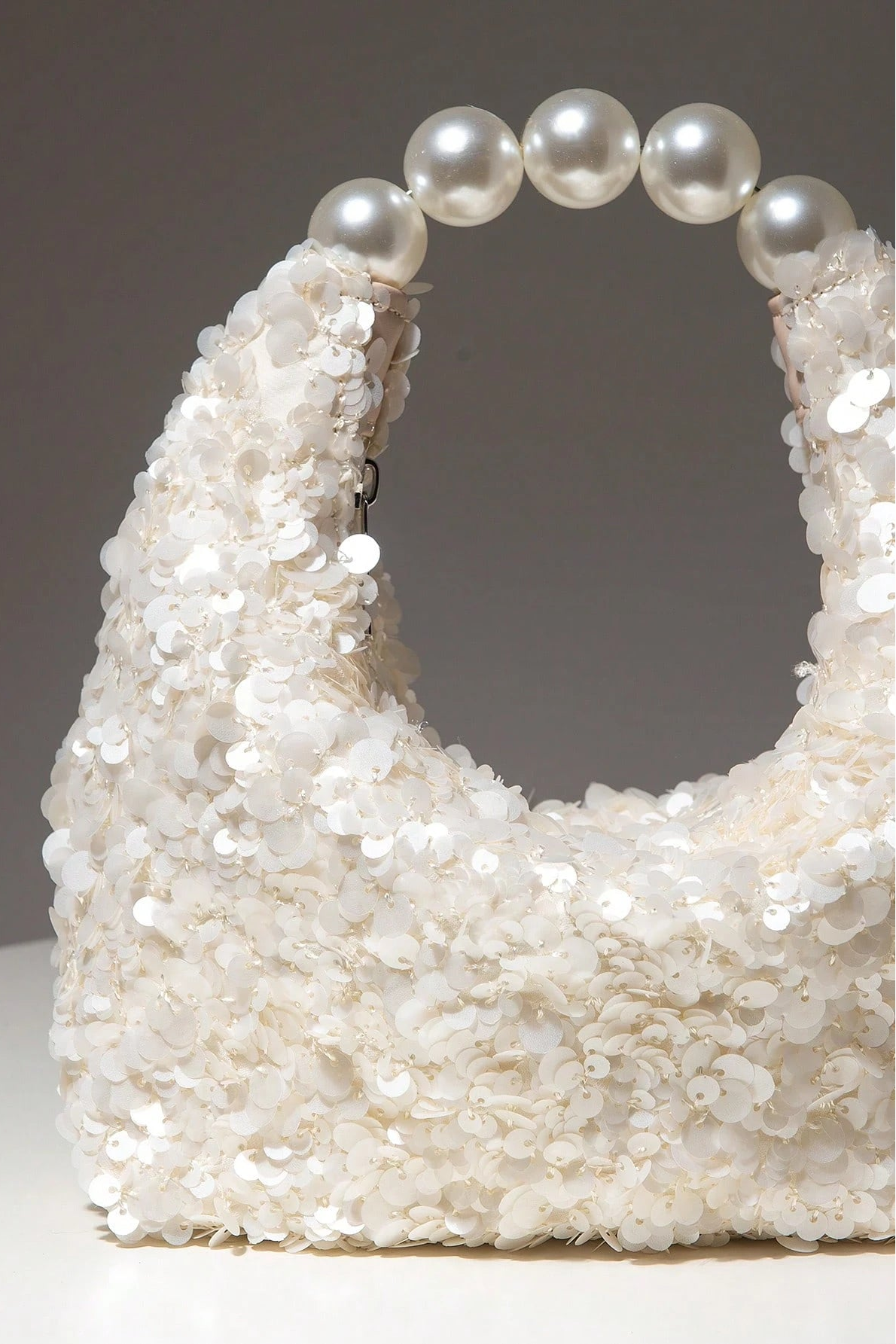 White Full Sequin Mini Hobo Handbag Large Round Pearl Ring Top Handle Wedding Bridal Evening Purse