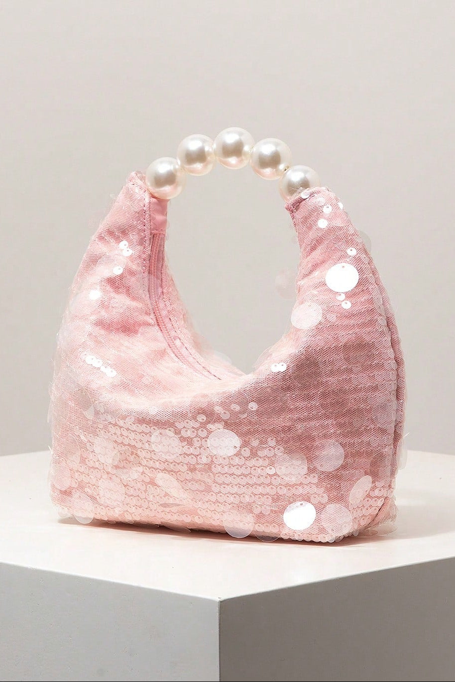 Pastel Pink All Over Mixed Flat Sequin Mini Curved Hobo Bag Big Pearl Bead Handheld Handle