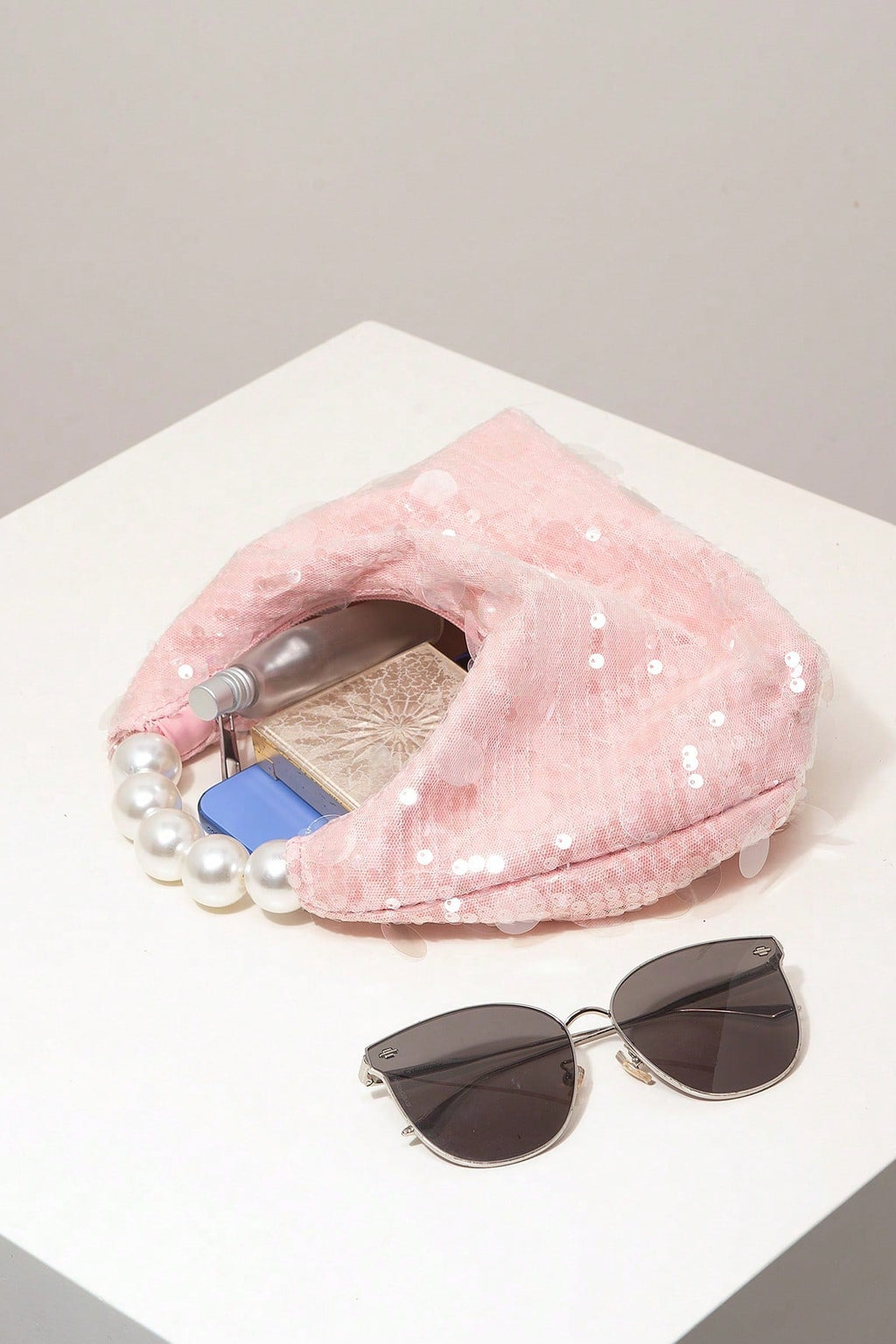 Pastel Pink All Over Mixed Flat Sequin Mini Curved Hobo Bag Big Pearl Bead Handheld Handle
