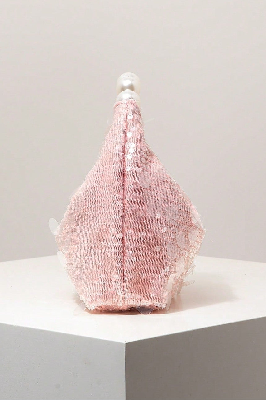 Pastel Pink All Over Mixed Flat Sequin Mini Curved Hobo Bag Big Pearl Bead Handheld Handle