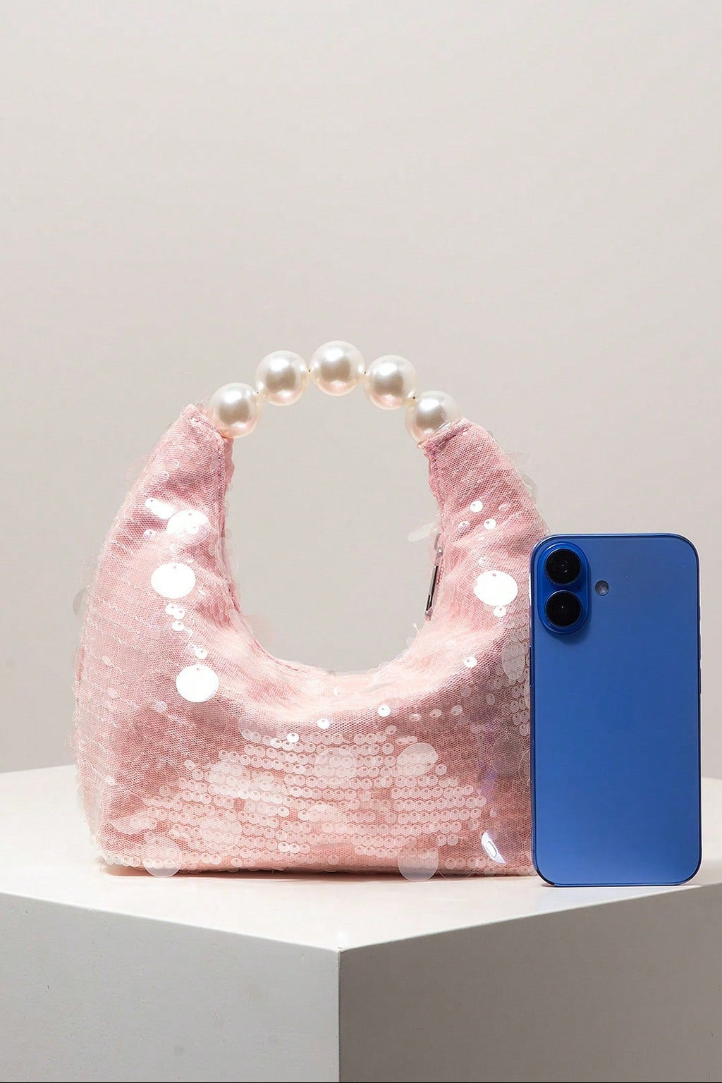 Pastel Pink All Over Mixed Flat Sequin Mini Curved Hobo Bag Big Pearl Bead Handheld Handle