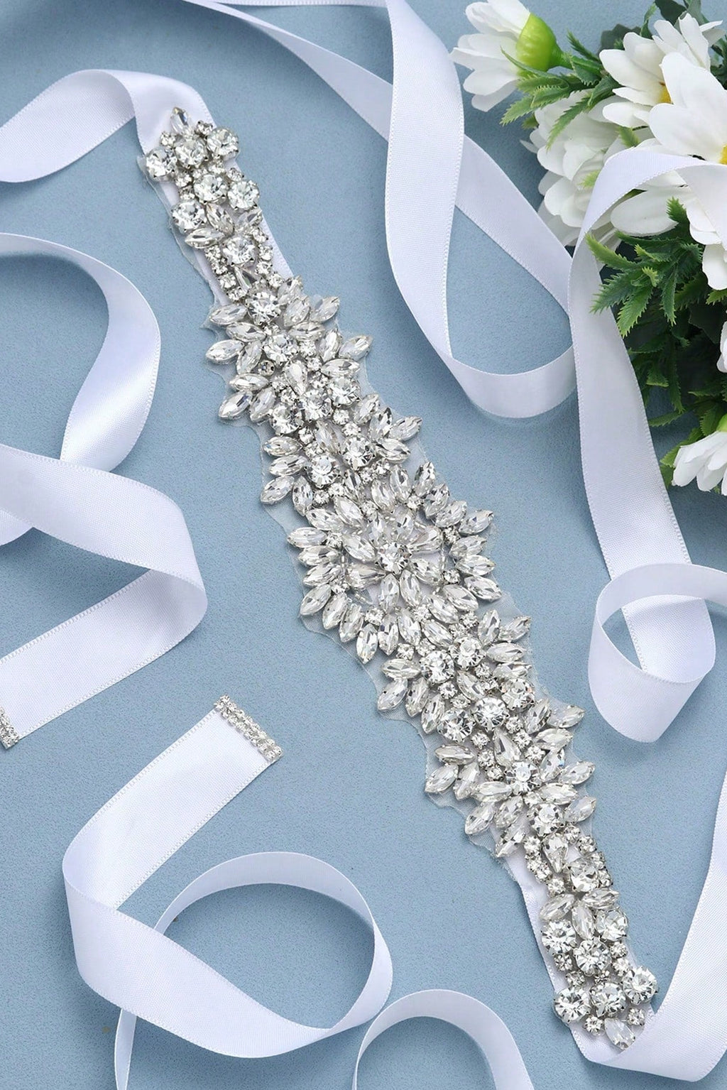 Floral Crystal Rhinestone Bridal Sash Adjustable White Ribbon Wedding Dress Belt