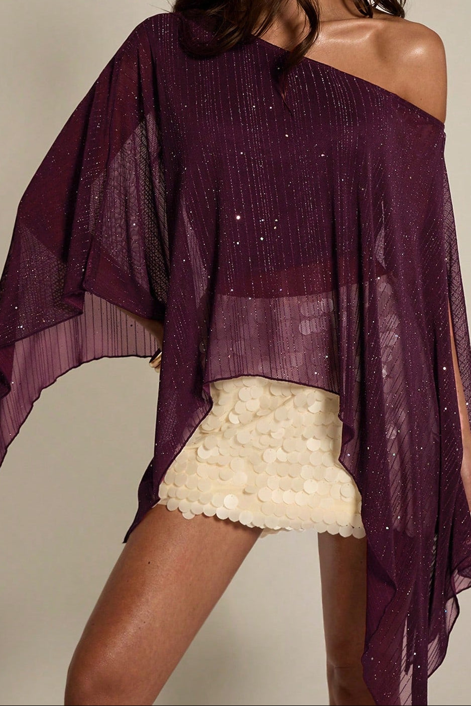 Glitter Chiffon Asymmetric Off Shoulder Cape Top