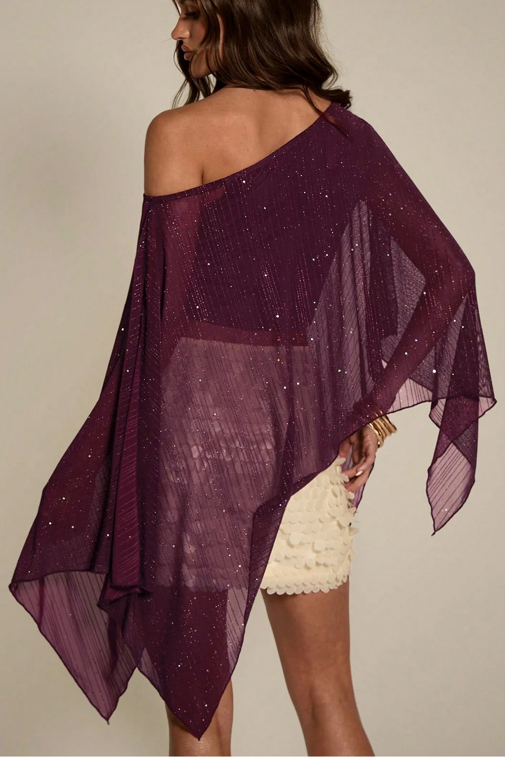 Glitter Chiffon Asymmetric Off Shoulder Cape Top