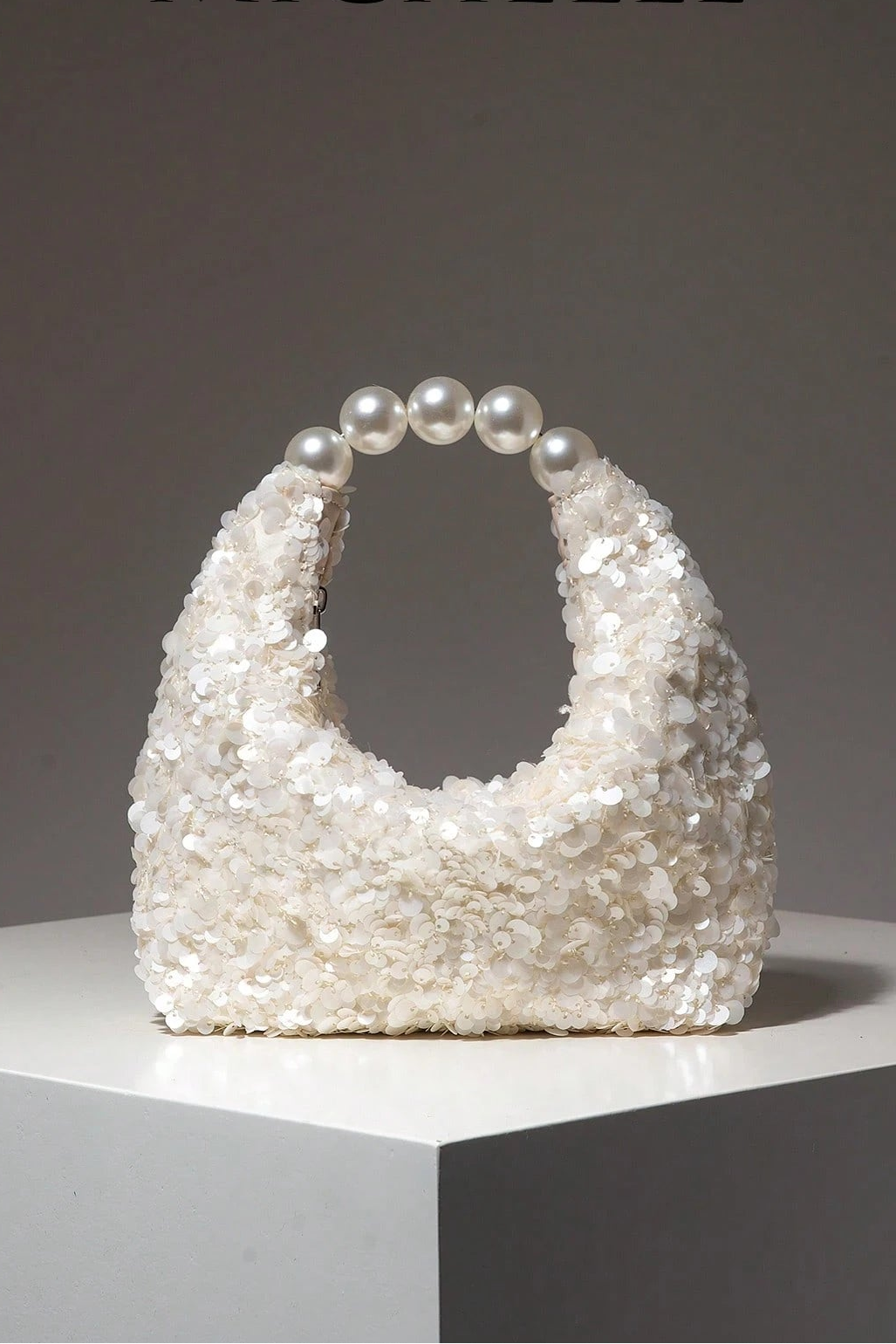 White Full Sequin Mini Hobo Handbag Large Round Pearl Ring Top Handle Wedding Bridal Evening Purse