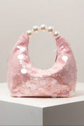 Pastel Pink All Over Mixed Flat Sequin Mini Curved Hobo Bag Big Pearl Bead Handheld Handle
