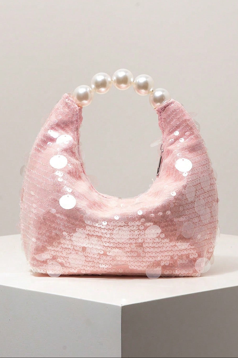 Pastel Pink All Over Mixed Flat Sequin Mini Curved Hobo Bag Big Pearl Bead Handheld Handle