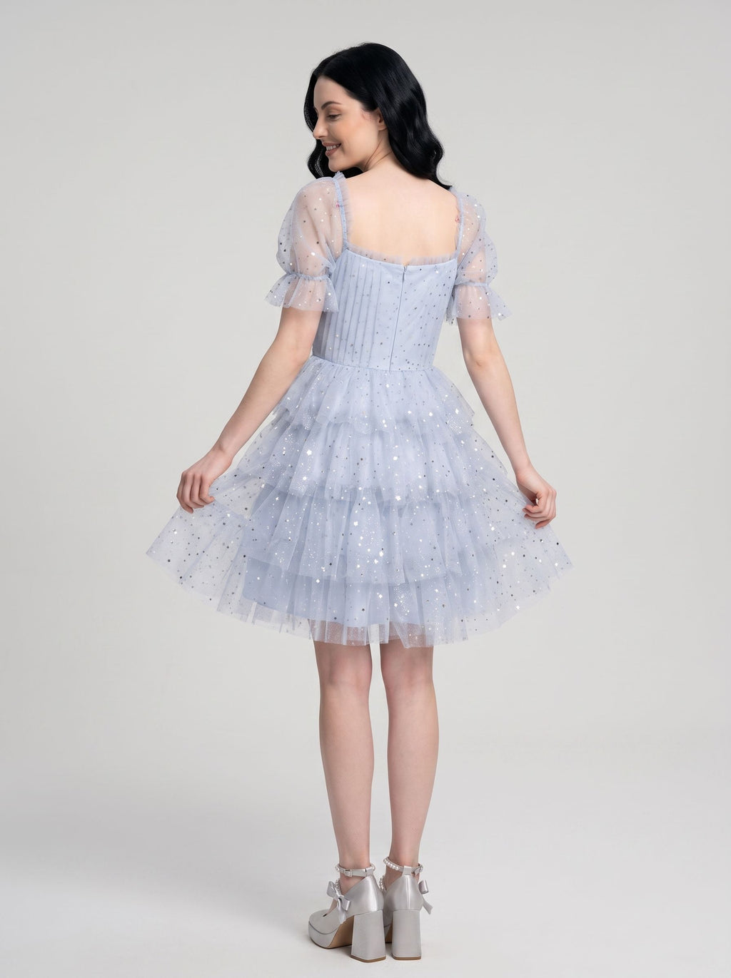 Mist Tulle A-Line Square Neck Back Zip Short Dress with Tiered Tulle Layers