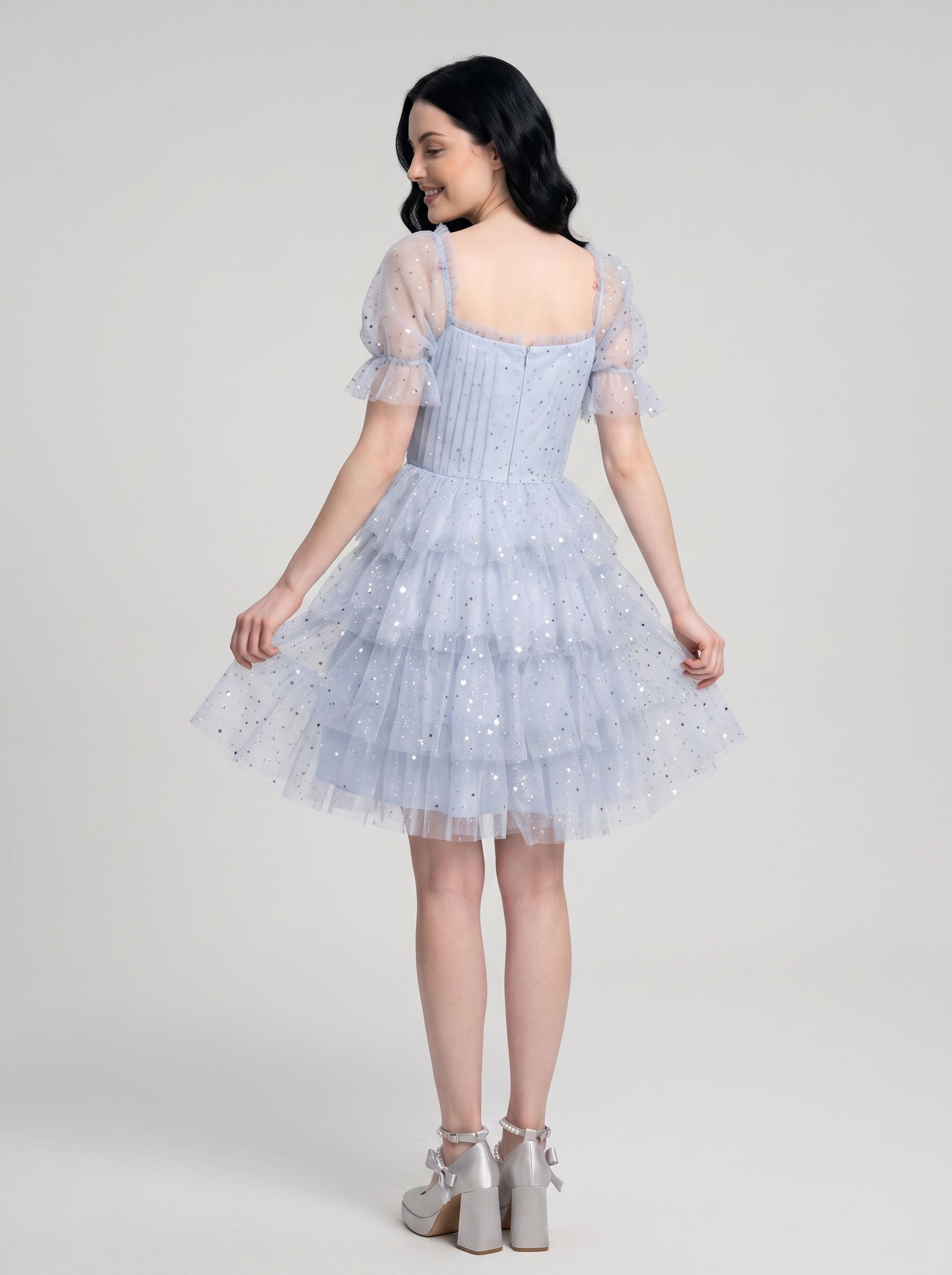 Mist Tulle A-Line Square Neck Back Zip Short Dress with Tiered Tulle Layers