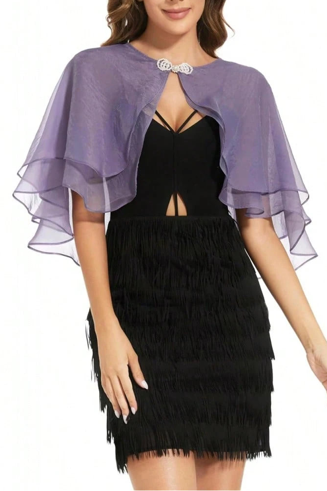 Rhinestone Clasp Double Layer Chiffon Evening Cape Shawl