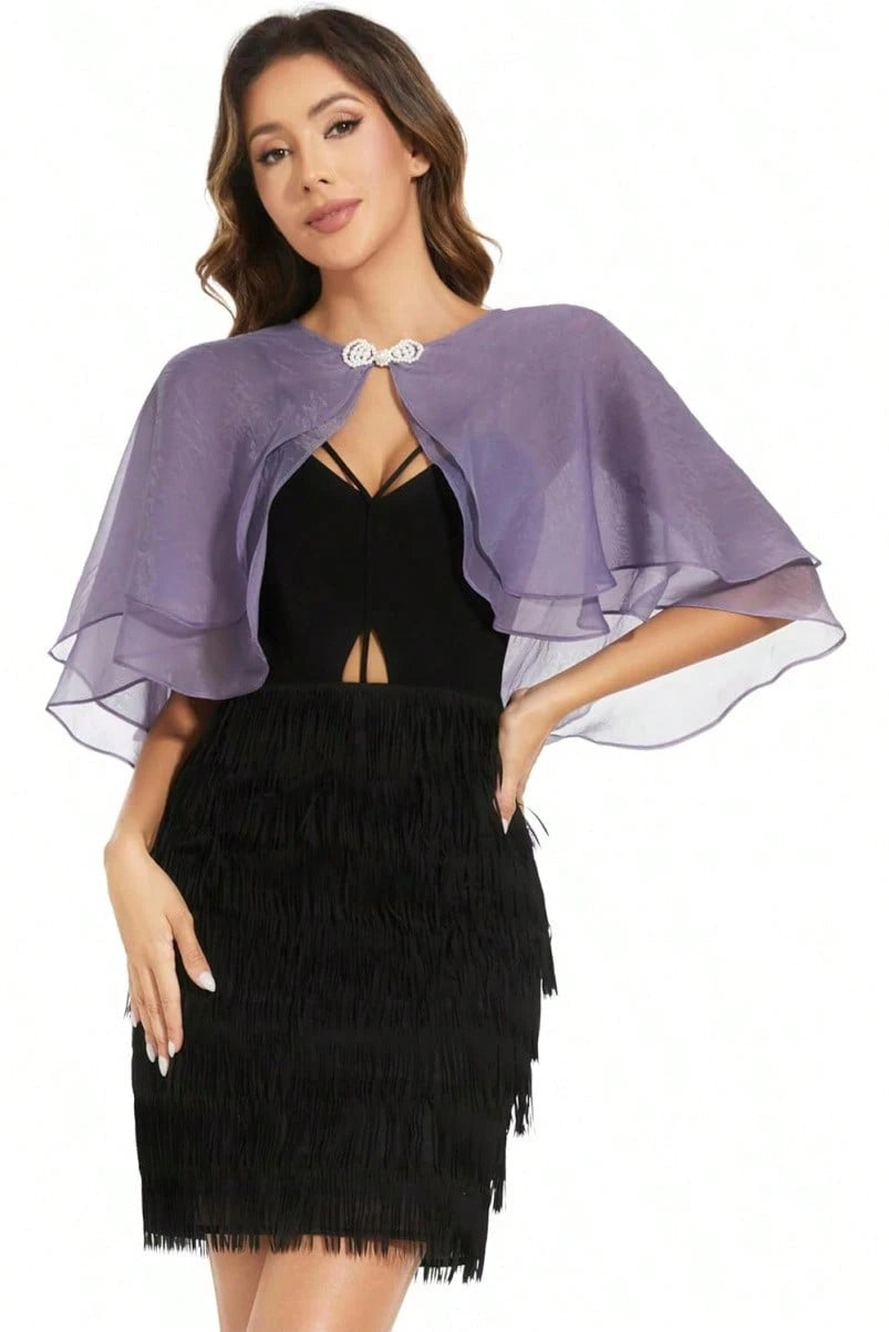 Rhinestone Clasp Double Layer Chiffon Evening Cape Shawl