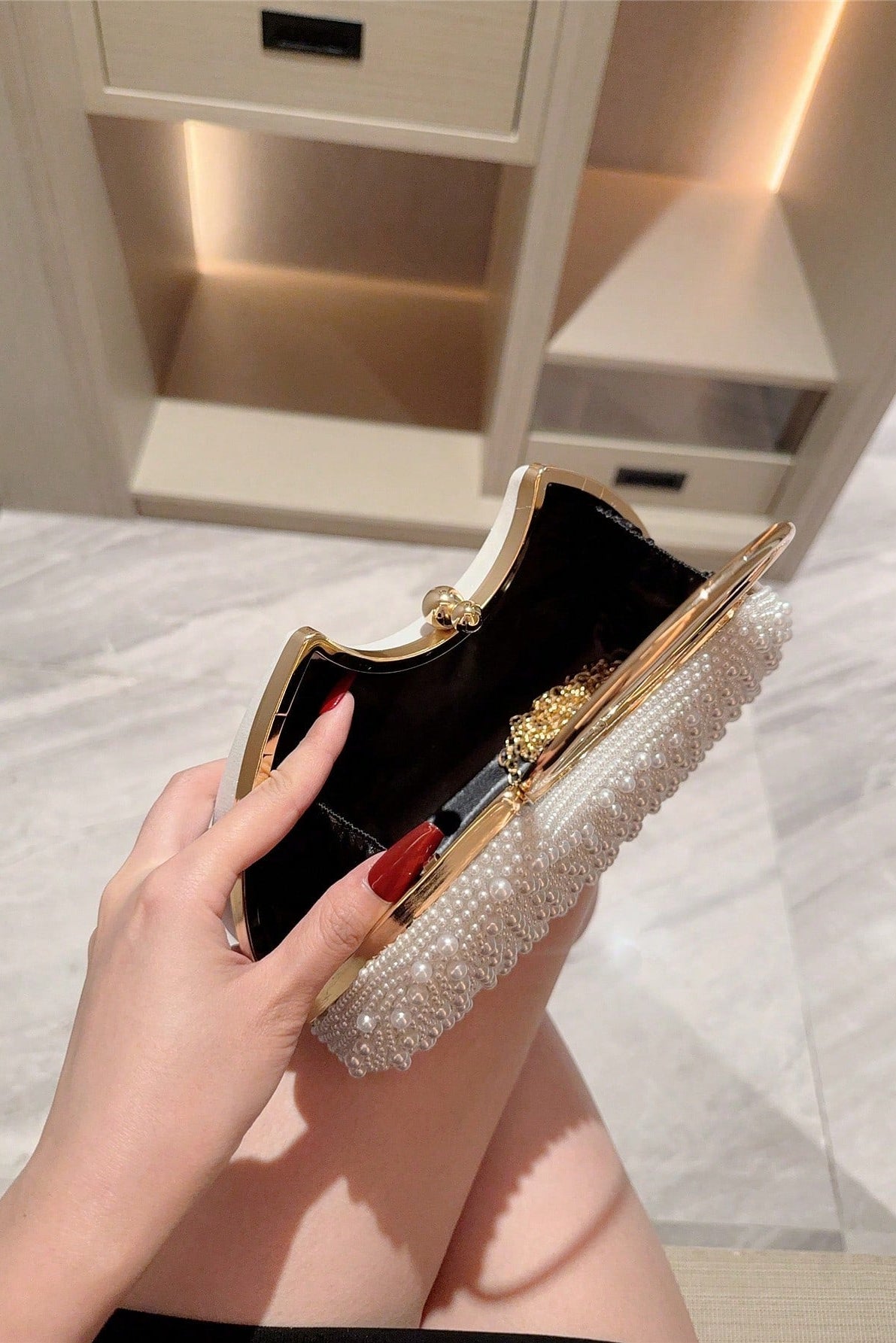 All Over White Pearl Curved Clutch with Large Gold Ring Handle