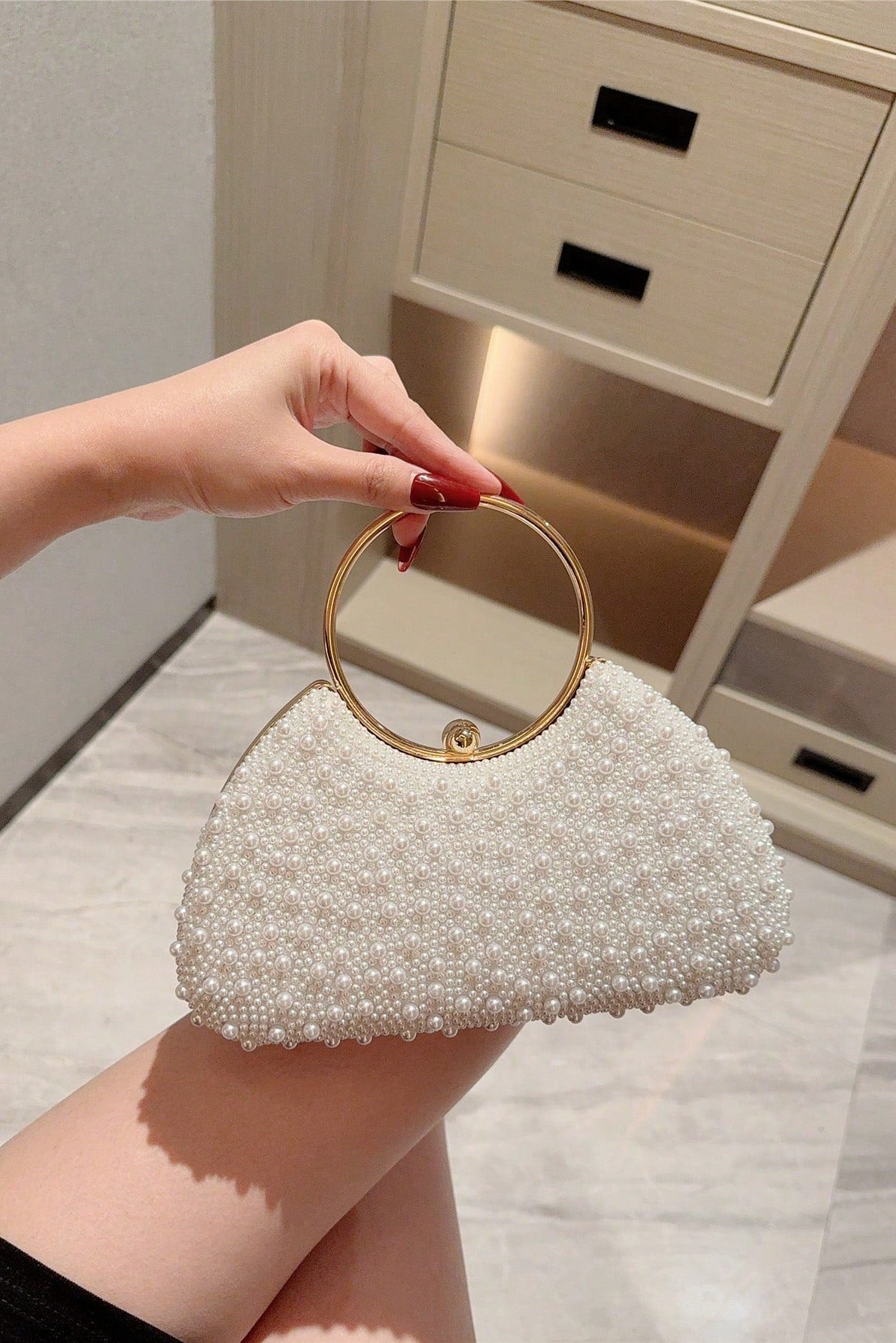 All Over White Pearl Curved Clutch with Large Gold Ring Handle