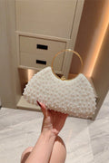 All Over White Pearl Curved Clutch with Large Gold Ring Handle