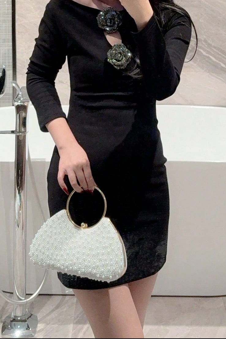All Over White Pearl Curved Clutch with Large Gold Ring Handle