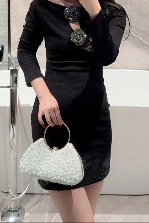 All Over White Pearl Curved Clutch with Large Gold Ring Handle