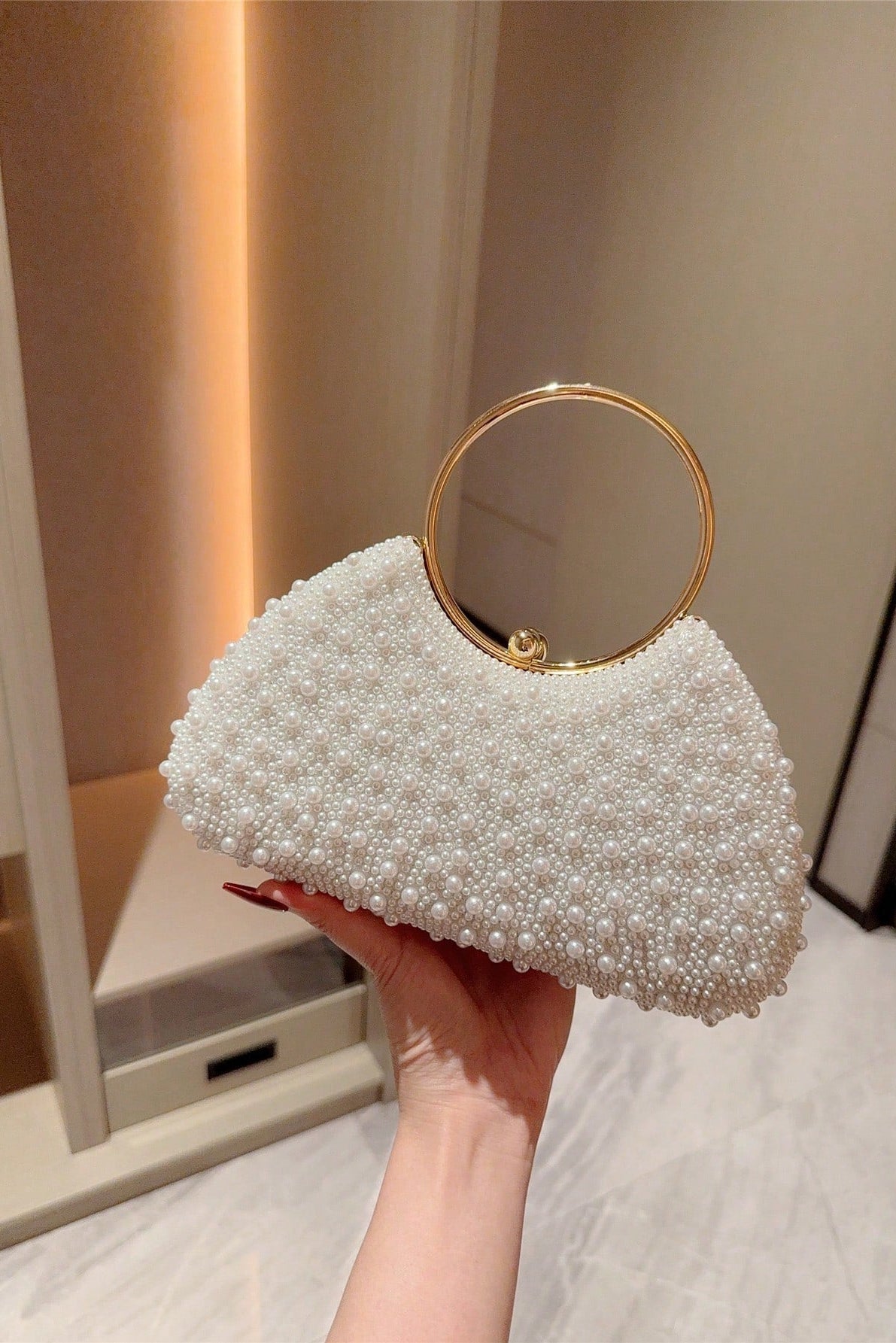 All Over White Pearl Curved Clutch with Large Gold Ring Handle