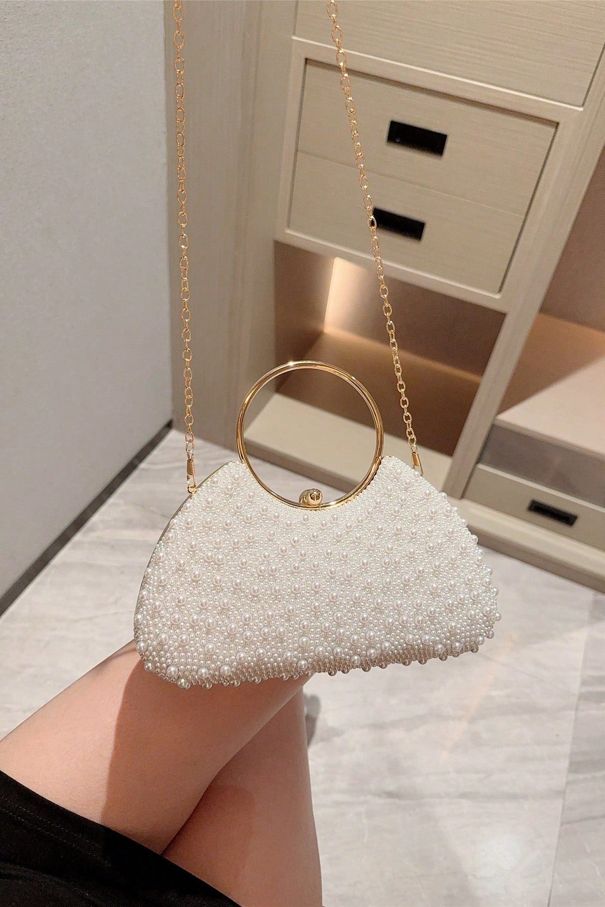 All Over White Pearl Curved Clutch with Large Gold Ring Handle