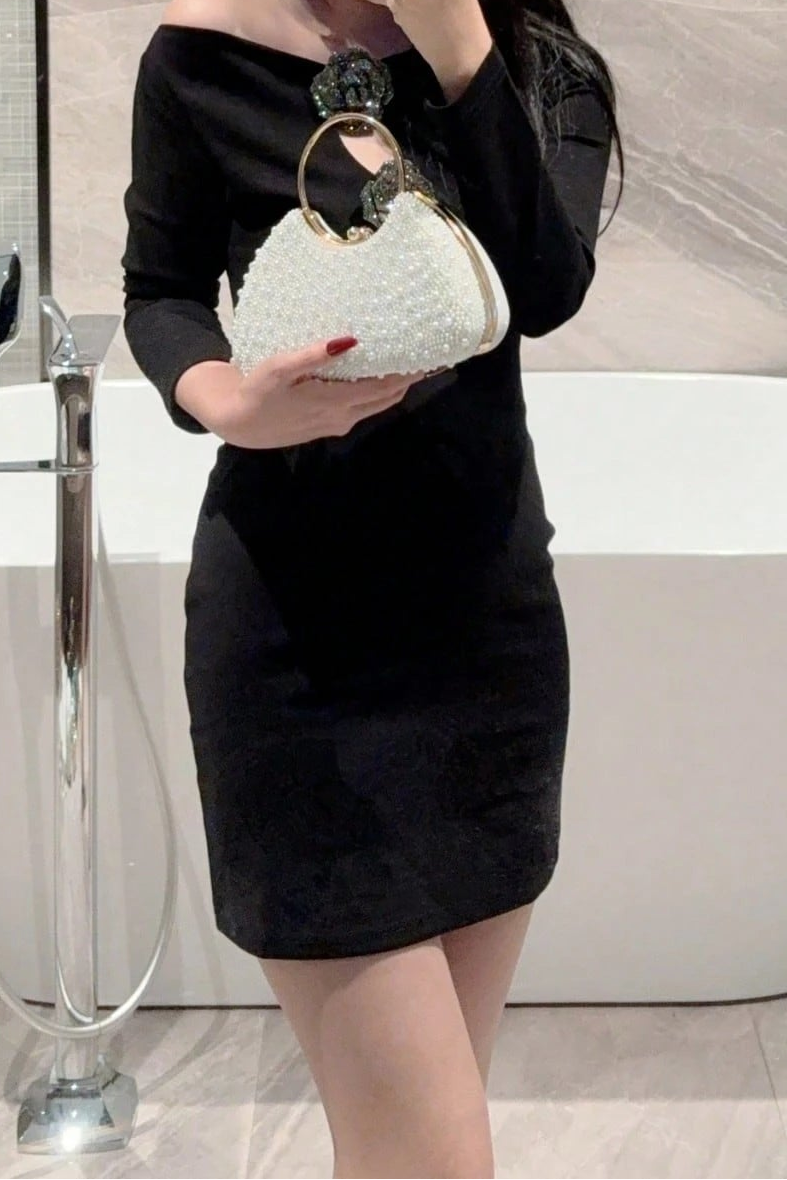 All Over White Pearl Curved Clutch with Large Gold Ring Handle