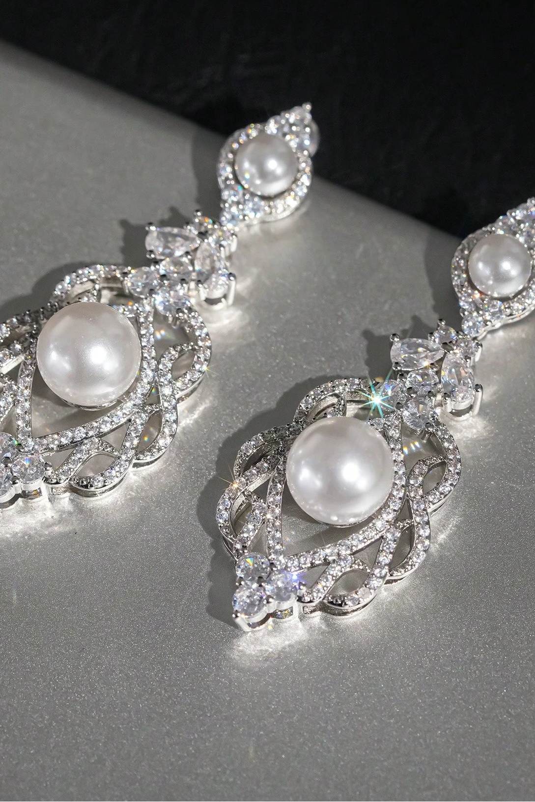 Vintage Victorian Pearl Crystal Drop Earrings Bridal Silver Jewelry