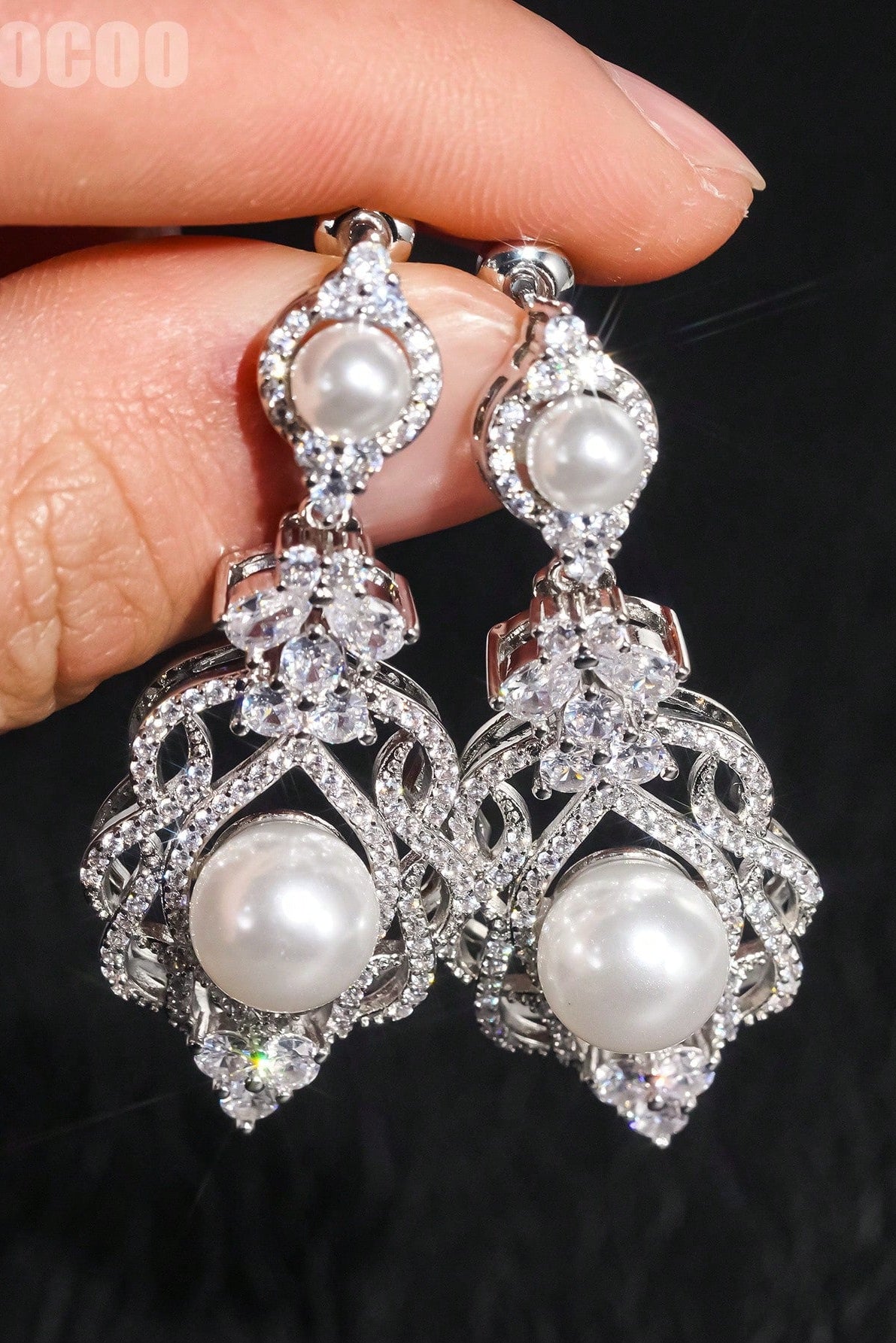 Vintage Victorian Pearl Crystal Drop Earrings Bridal Silver Jewelry