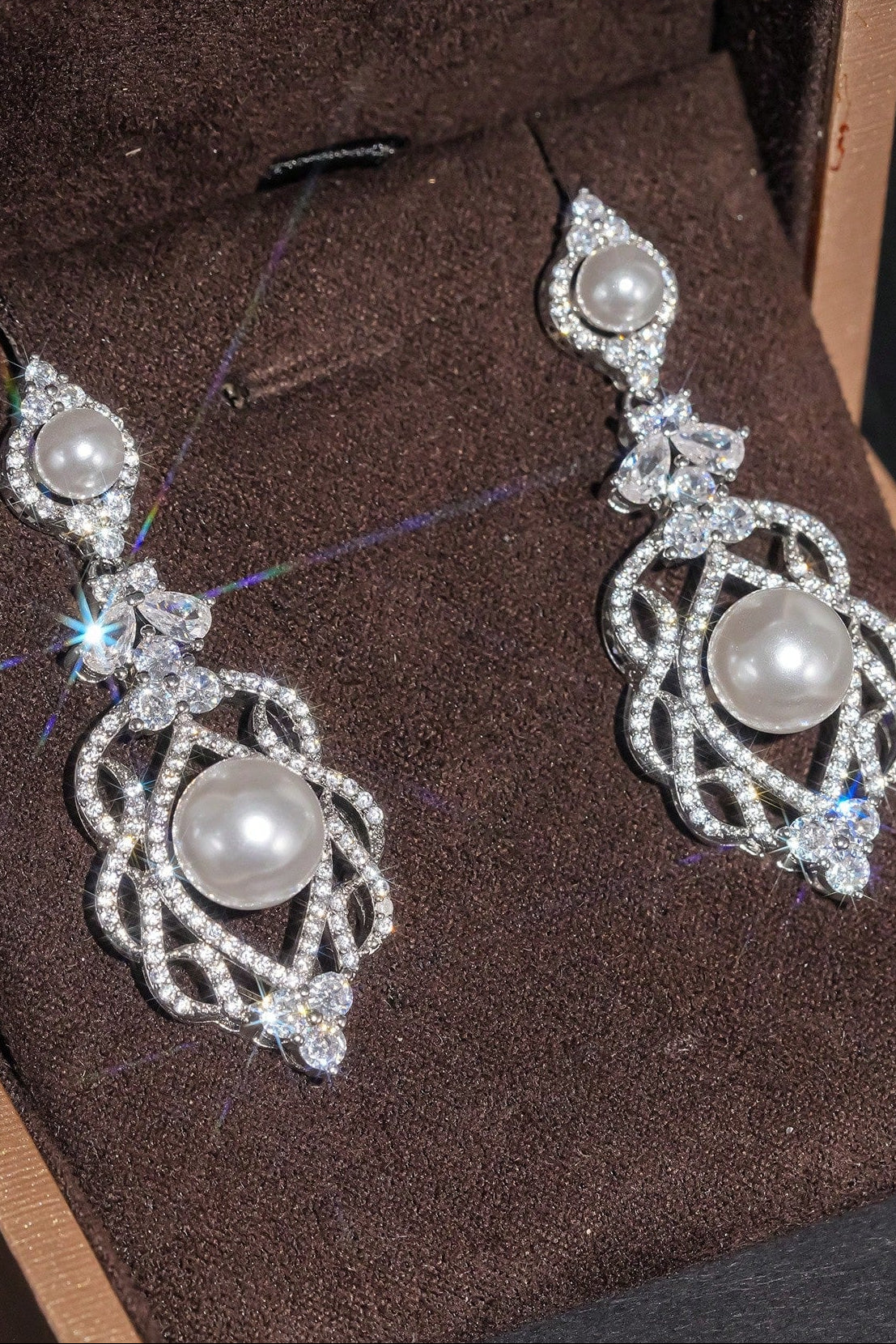Vintage Victorian Pearl Crystal Drop Earrings Bridal Silver Jewelry