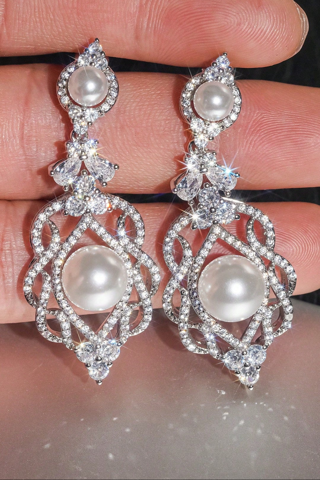 Vintage Victorian Pearl Crystal Drop Earrings Bridal Silver Jewelry