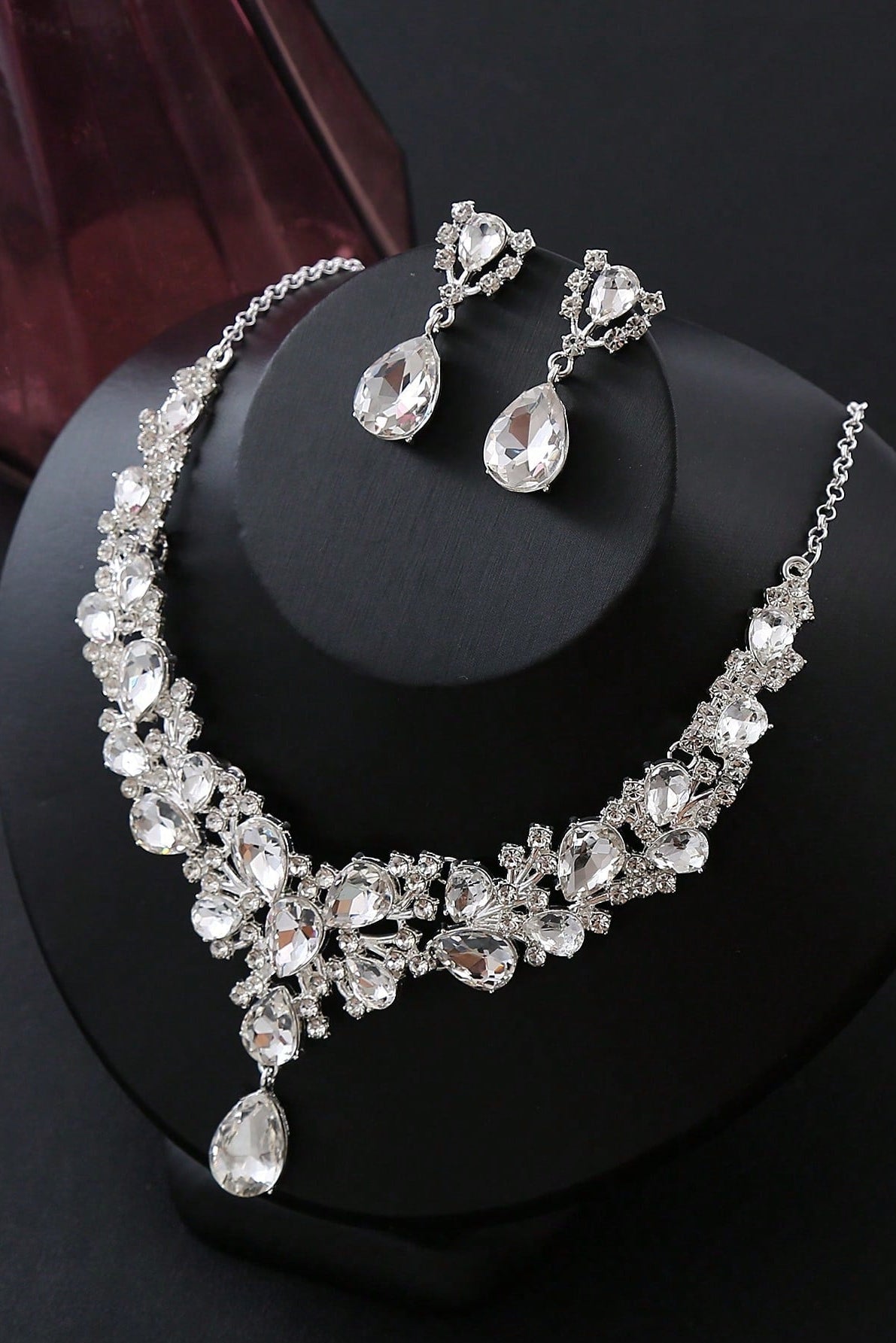 Luxury CZ Crystal Bridal Necklace Earrings Jewelry Set Silver