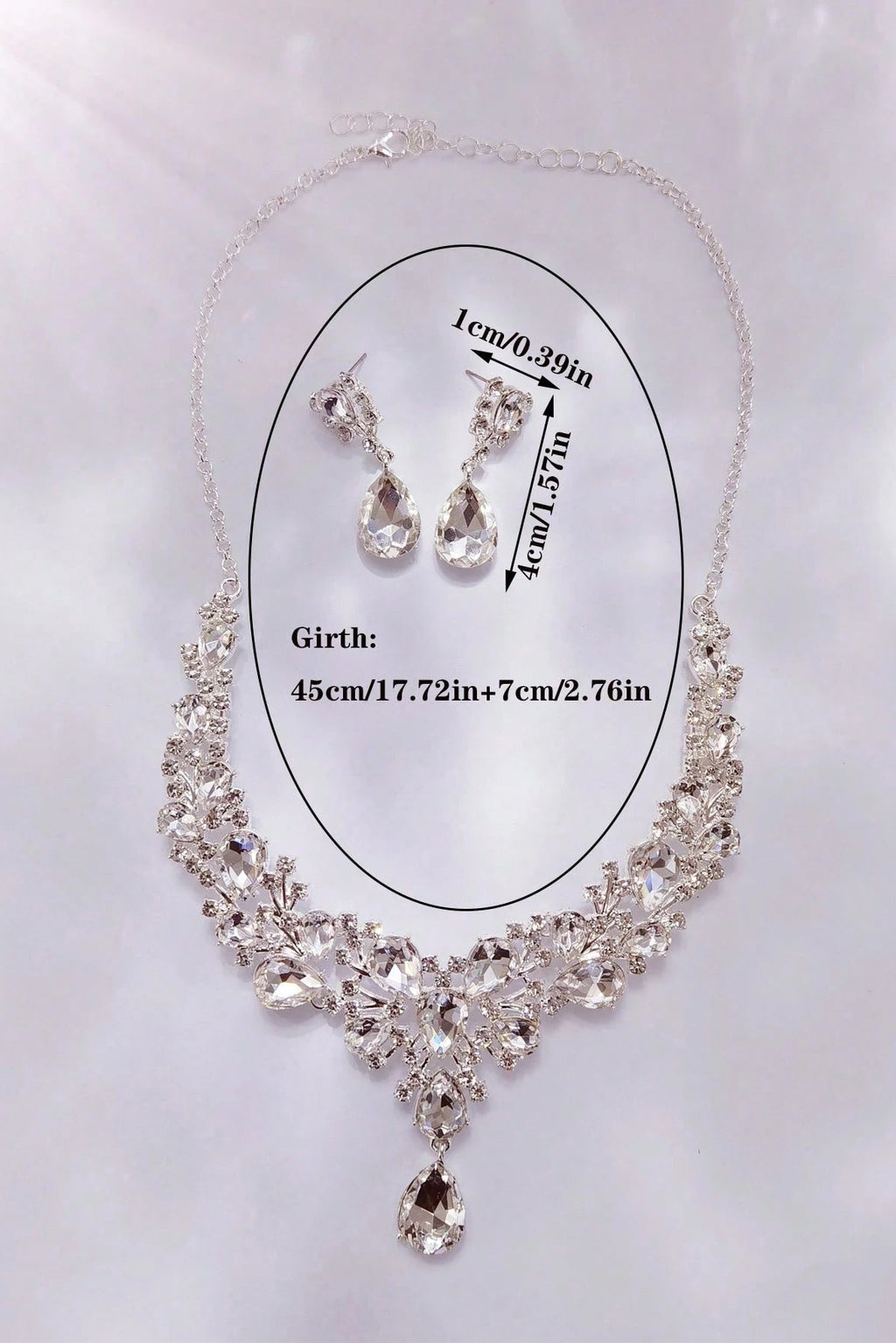 Luxury CZ Crystal Bridal Necklace Earrings Jewelry Set Silver