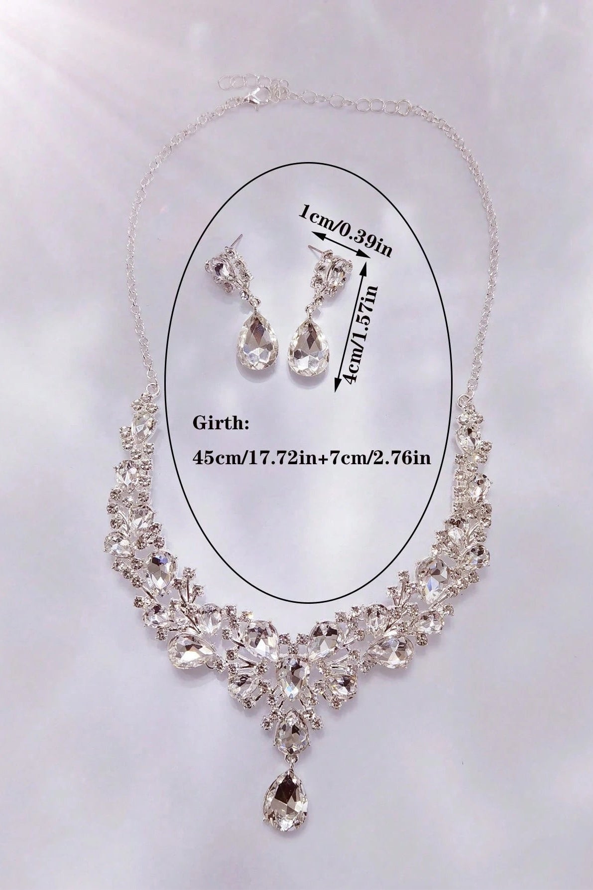 Luxury CZ Crystal Bridal Necklace Earrings Jewelry Set Silver