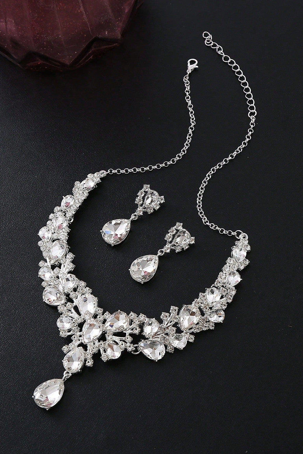 Luxury CZ Crystal Bridal Necklace Earrings Jewelry Set Silver