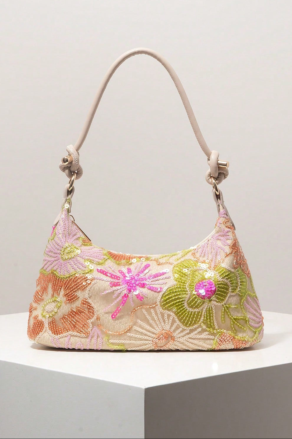 Pastel Flower Sequin Embroidered Knotted Handle Shoulder Bag
