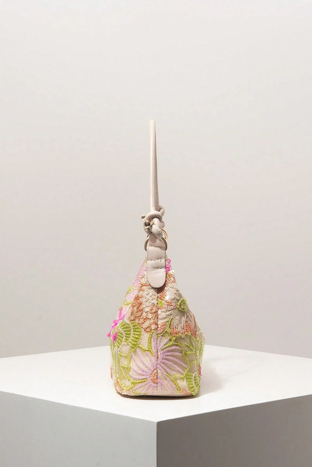 Pastel Flower Sequin Embroidered Knotted Handle Shoulder Bag