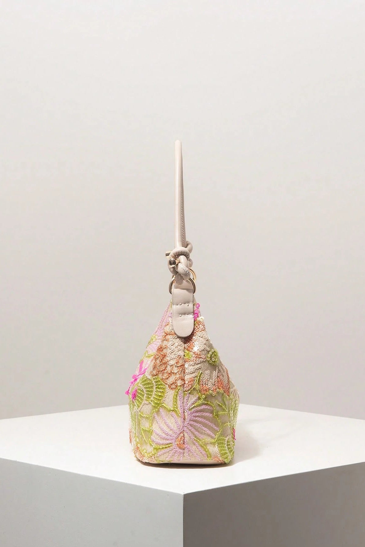 Pastel Flower Sequin Embroidered Knotted Handle Shoulder Bag